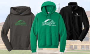 Three St. Charles Chargers spirit wear items — gray and green hoodies with the Chargers logo and a black quarter-zip fleece with the Saint Charles crest.